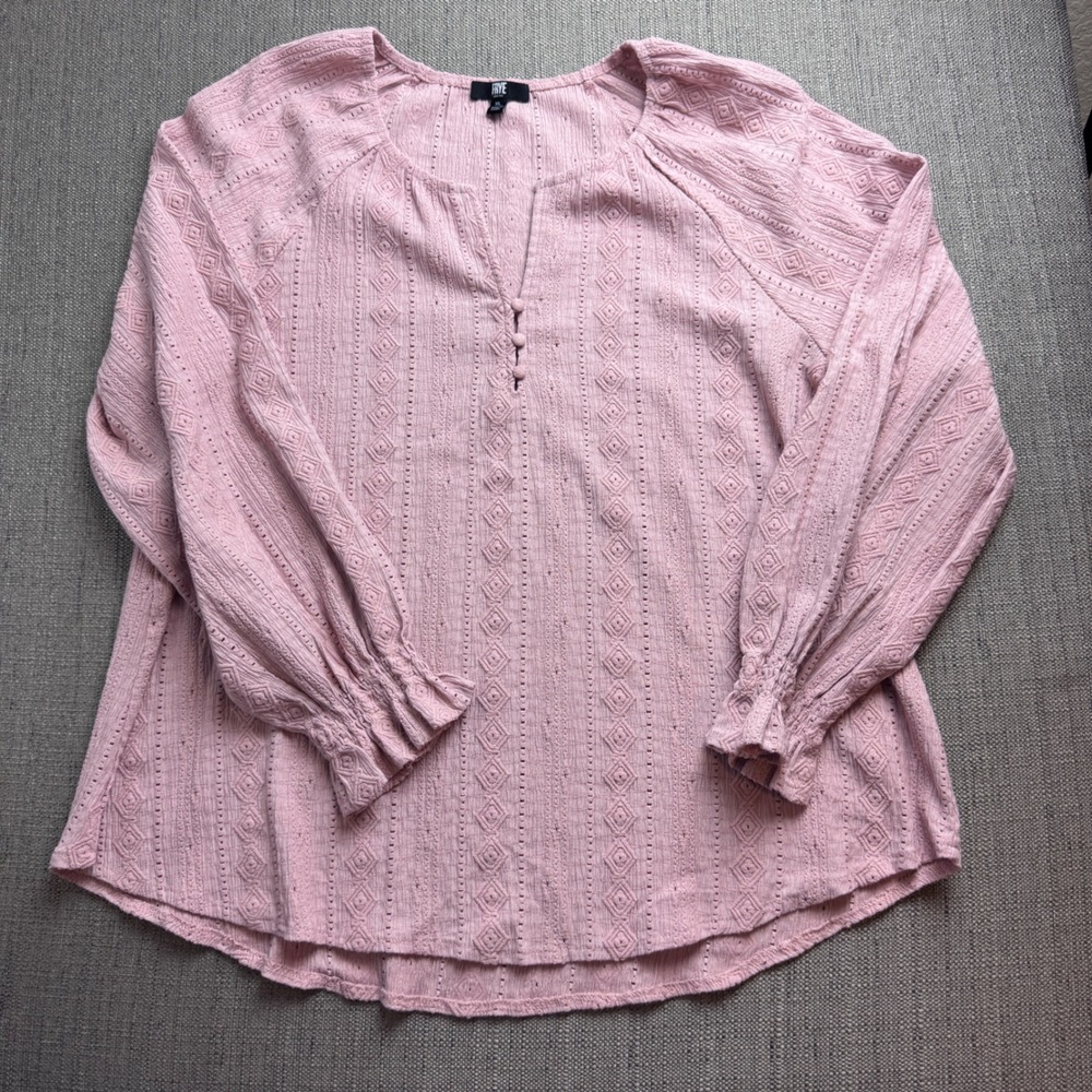 Frye Pink Eyelet Textured Blouse XL Long Sleeve Smocked Cuff Boho Top